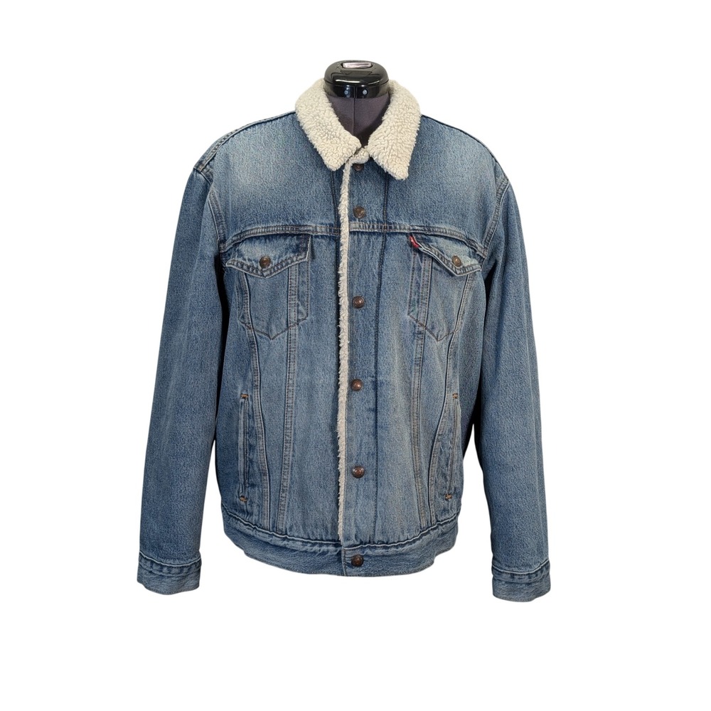 Levis Mens L Blue Denim Sherpa Trucker Jacket Fleece Lined Red Tab
